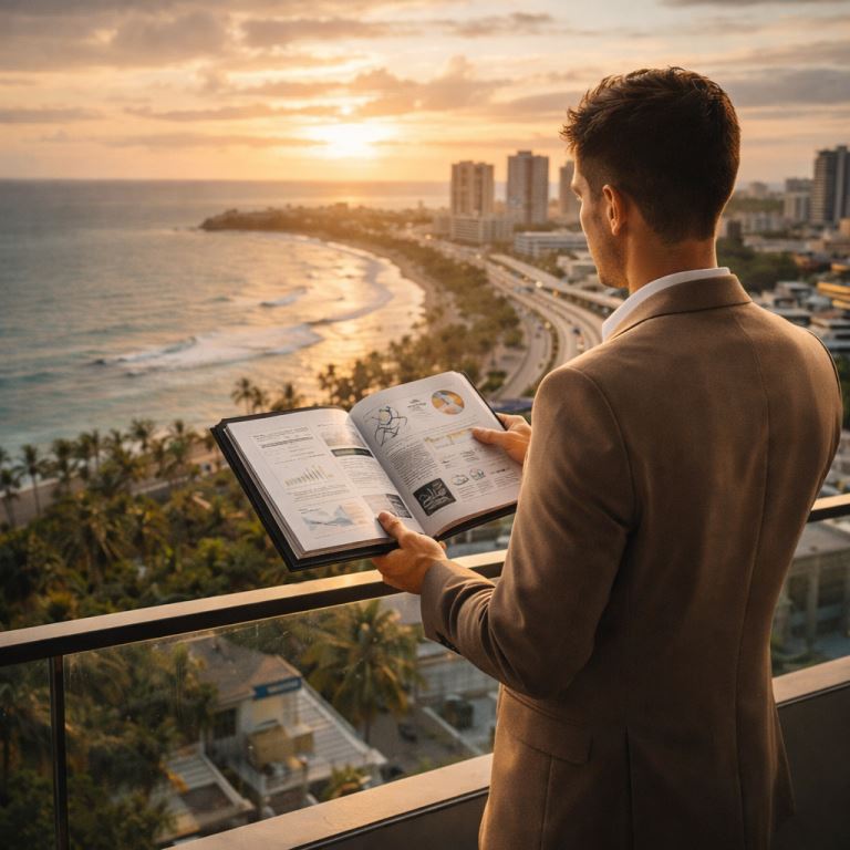 Hombre de negocios contemplando la ciudad costera