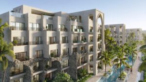 Fachada de Poseidonia Residences, condotel en Cana Bay con arquitectura greco-romana